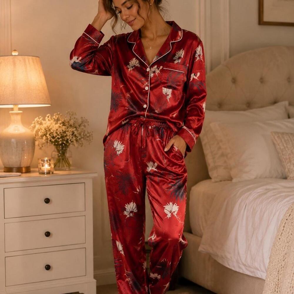 Red satin pajama set with